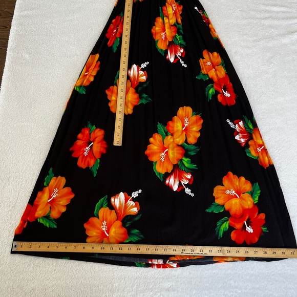 Women Maxi Dress Tropical Floral Smocked Black Orange Rayon OS - Picture 8 of 10